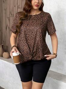 SHEIN LUNE 大码女式夏季豹纹T恤+黑色紧身裤休闲运动女式两件套