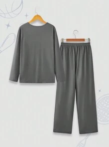 Teenager Boys' Grey Long Sleeve & Long Pants Flame Retardant Sports Graphic Lounge Wear Set - Dark Grey - View 2