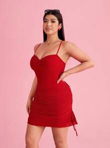 SHEIN EZwear 弹力网眼红色加大码吊带连衣裙，可调节侧抽绳以定制长度，非常适合情人节 - 紅色 - 查看 6