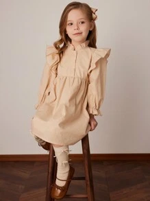 PrepCrw Vestido holgado de manga con volantes de color caqui para niñas, para primavera/verano - Amarillo - Ver 5