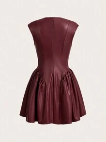 SHEIN Essnce 女士无袖纯色 V 领迷你连衣裙 - 紅色 - 查看 2