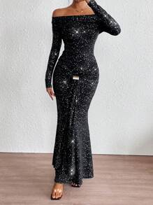 SHEIN Privé Elegant Off Shoulder Metallic Silver Decorative Button Mermaid Dress For Women, Party & Casual Wear, Spring/Autumn