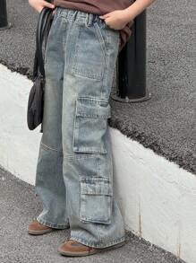 DAZY Girls' Large Pocket Decorated Denim Long Pants, Spring/Summer, Tween Girl,Back To School Clothes