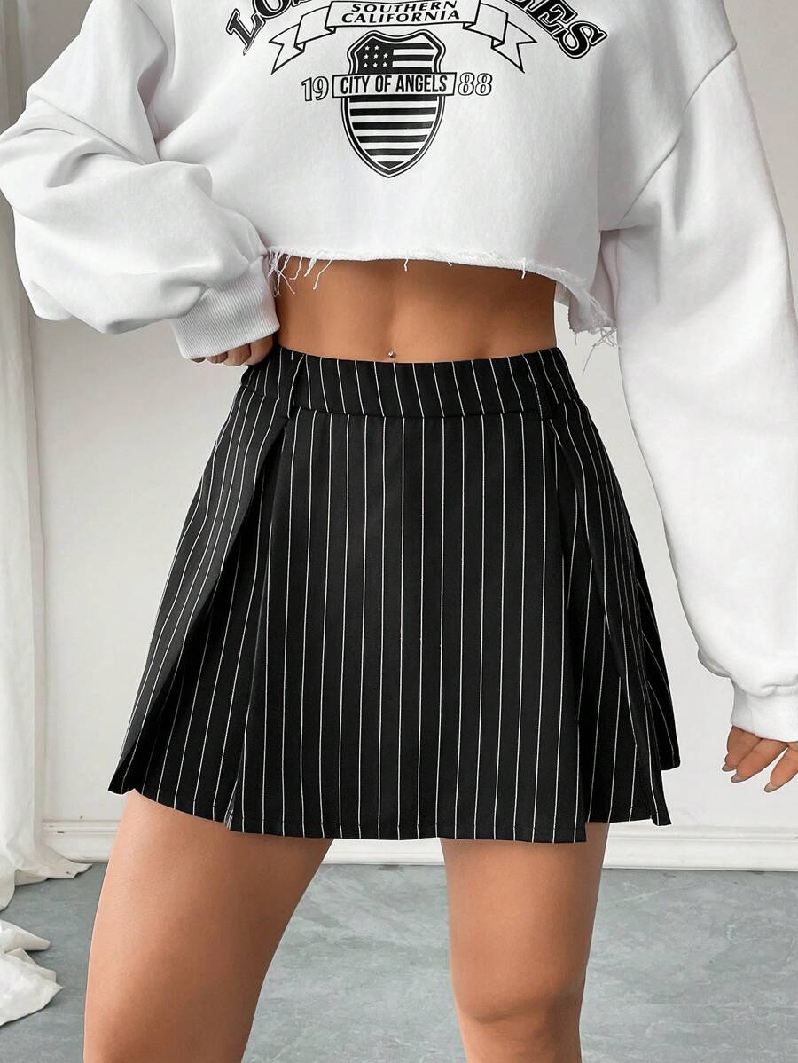 SHEIN PETITE Women Pleated Striped Skirt With Built-In Shorts - Black - View 1