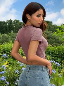 SHEIN EZwear Atasan Kasual Lengan Pendek Warna Polos dengan Hiasan Renda untuk Wanita, Cocok untuk Sehari-hari - Dusty Pink - View 2