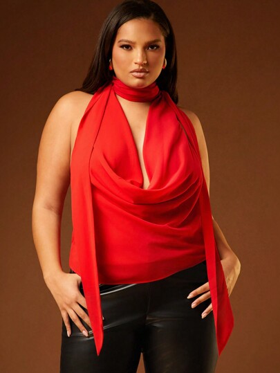 Hauture Parte superior casual sin mangas de color rojo sólido con cuello de capucha y bufanda, para talla grande. Parte superior roja de verano para salir de noche, conciertos, actuaciones, fiestas, clubes, eventos de noche