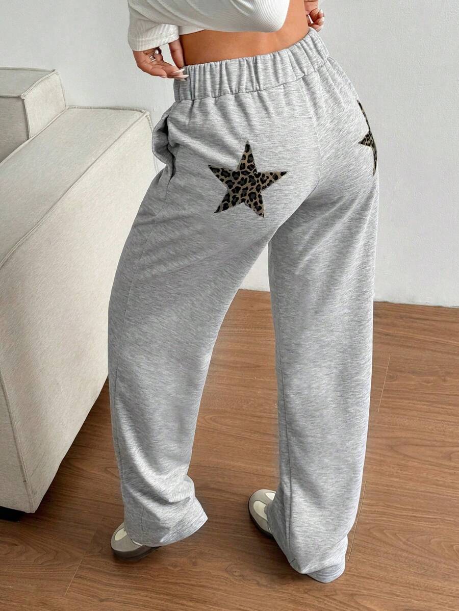 SHEIN Unity Grey Leopard Star Print Low Waist Straight Leg Wide Leg Sports Pants, Fashion Casual Street Style For Women, Spring - Grey - View 1