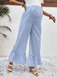SHEIN Maternity Ruffle Hem Pleated Striped Casual Pants, Everyday Wear - Baby Blue - View 4