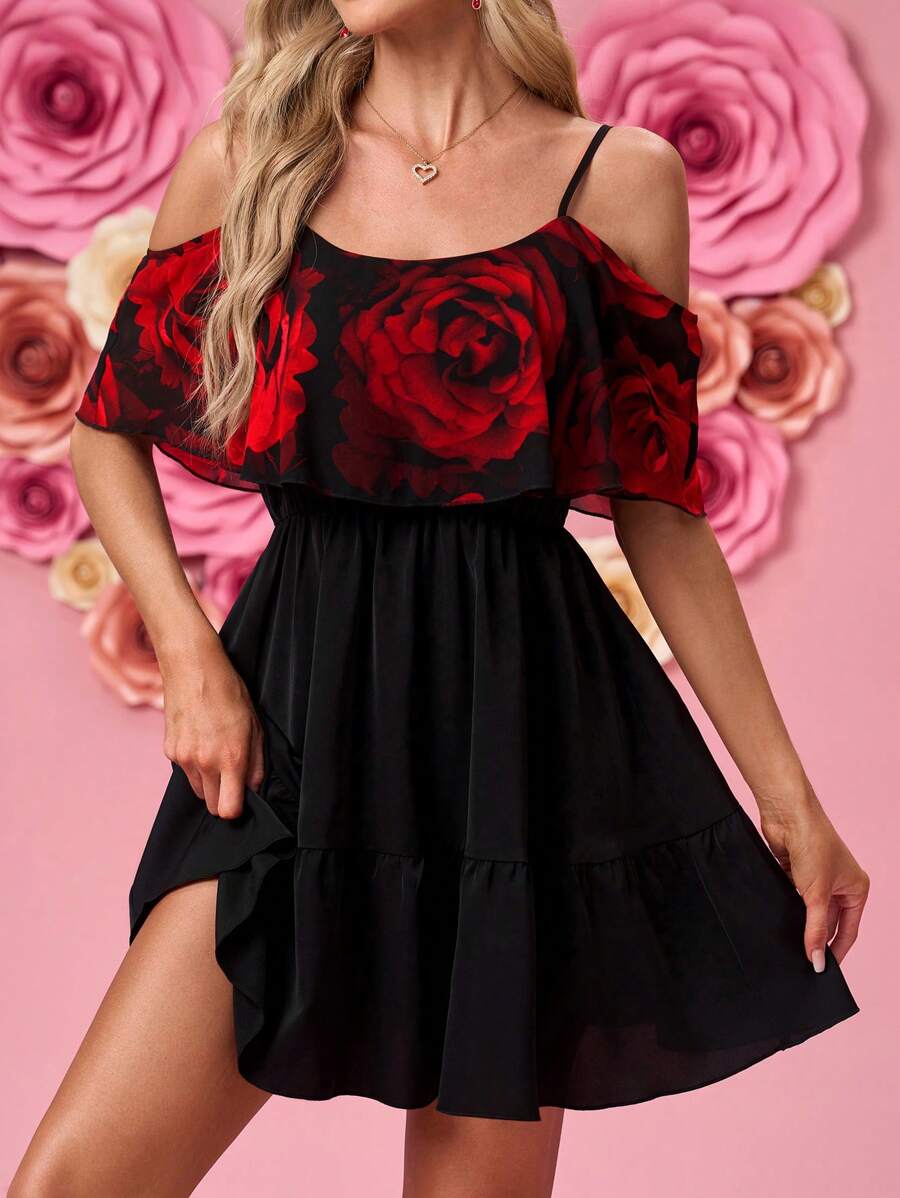 SHEIN Clasi Women Romantic Valentine's Day Spaghetti Strap Short Dress - Black - View 1