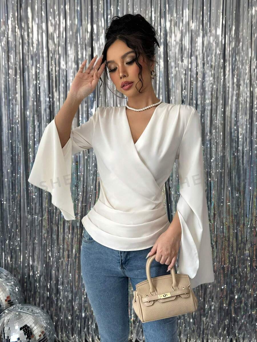 RosyDaze Blusa casual de mujer de unicolor con escote en V fruncido y manga larga