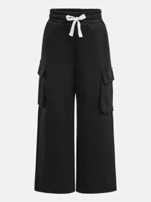 SHEIN Young Girls Pocketed Straight Leg Loose Casual Drawstring Waist Solid Color Straight Pants, Comfortable Streetwear Suitable For Daily Wear - Black - View 1