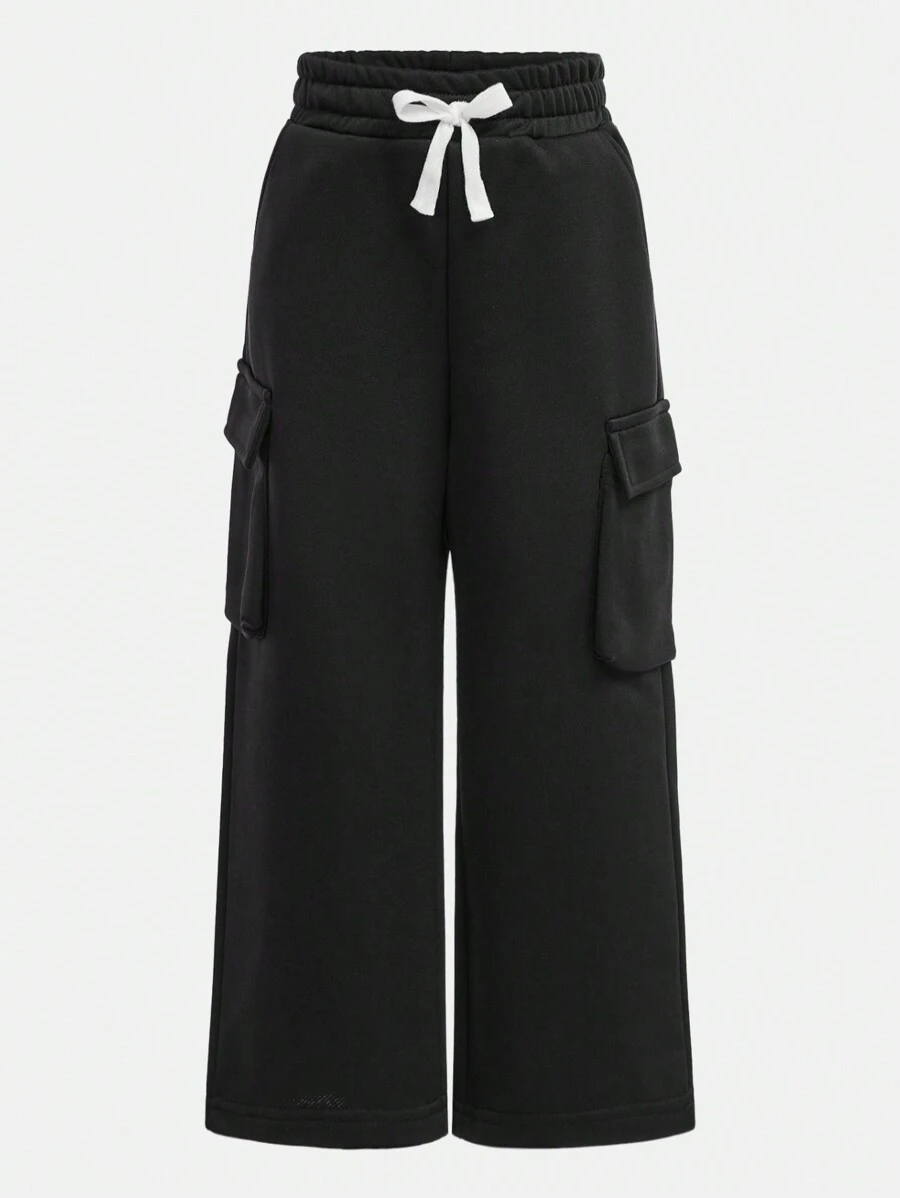 SHEIN Young Girls Pocketed Straight Leg Loose Casual Drawstring Waist Solid Color Straight Pants, Comfortable Streetwear Suitable For Daily Wear - Black - View 1