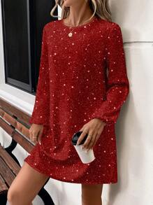 SHEIN LUNE Vestido corto de mujer de manga larga y cuello redondo con patrón brillante informal, adecuado para primavera/otoño
