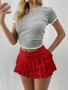 EgrlEra Falda mini de línea A de unicolor dulce con doble capa de encaje blanco y rojo, falda estilo Y2K