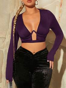 SHEIN SXY Women's Solid Color Deep V Neck Long Sleeve Sexy Cropped Camisole Top