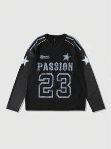 ROMWE MEN Prep Men's Spring/Summer Mesh Panel College Style T-Shirt - Black - View 1