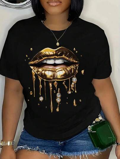 Maweii Casual Lip Print Round Neck Short-Sleeved T-Shirt, Suitable For Spring And Summer, Women's Clothing