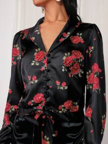 COSMINA Floral Print Puff Sleeve Tie Front Shirt, Valentine's Day - Red and Black - View 6