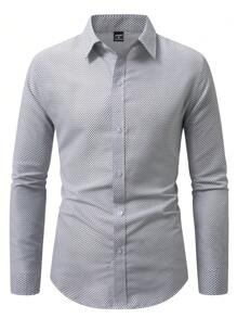 Manfinity Mode Men's Casual Office Commute Diamond Pattern Long Sleeve Shirt, For Fall - White - View 3