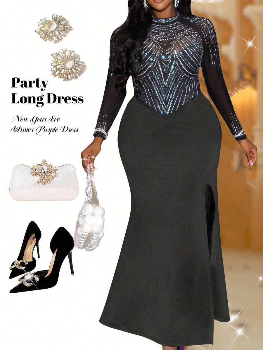 Slaydiva Plus Size Sexy Sheer Bodycon Split Party Dress - Black - View 1