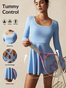 VARSITIE Square Neck, Long Sleeves, Large Open Back, Cross Cutout, Contrasting Binding Mini Women Active Athletic Dresses - Blue - View 9