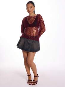 MUSERA 海滩度假女装时尚做旧针织上衣 春季Y2K 90年代休闲可爱夏季 - 酒紅色 - 查看 4
