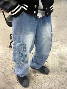 Claim Dot Herren Lässig einfache Multi-Tasche Weite Bein Jeans, für den täglichen Gebrauch