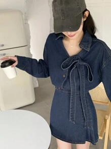 DAZY Damen Lässig Set aus Knopfverschluss Langarm Top und Denim Rock, 2-teilig