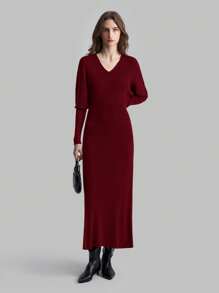 Ontre Women's 2025 New Spring Angola Red Elegant Solid Color Batwing Sleeve Sweater Dress - Red - View 7