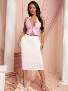 SHEIN SXY Spring And Summer New Year Wedding Season Elegant Romantic Valentine's Day Dating Essentials Pink High Stretch Slim Deep V-Neck Sleeveless Blazer With White Lace Trim - Pink - View 5