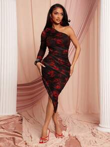 SHEIN SXY 春夏优雅浪漫情人节婚礼季约会必备黑玫瑰印花高弹修身不对称单肩长袖网眼褶皱中长连衣裙 - 彩色 - 查看 1
