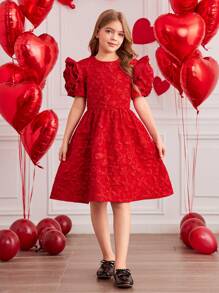 Tween Girl' Valentine's Day Red Jacquard Elegant Princess Sleeve Floral Dress