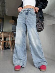 RueChic HIGH RISE WIDELEG Y2K Street Casual STREETWEAR JEAN Everyday Going Out Blue And White Stripe Summer - Medium Wash - View 6