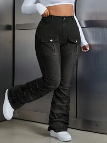 SHEIN ICON Jeans de botones con bolsillos, diseño simple, talla grande, para uso casual diario