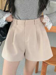 DAZY Quần short len ống rộng xếp ly màu trơn thường ngày cho nữ mùa thu, đông - Màu be - Xem 7