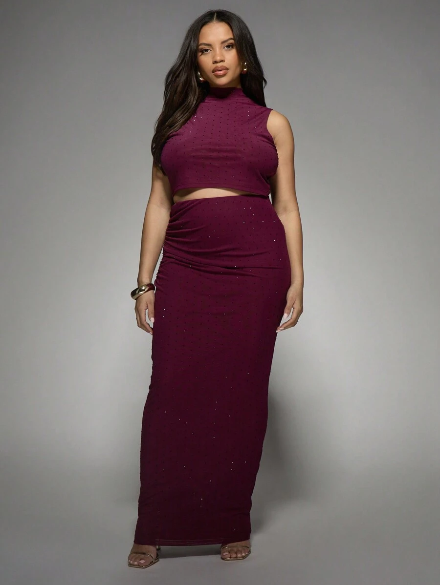 MISSGUIDED PLUS Plus Size Rhinestone Studded Two-Piece Set Sleeveless Mock Neck Crop Top With High Waist Bodycon Maxi Skirt Party Evening Occasion Wear - Purple - View 1