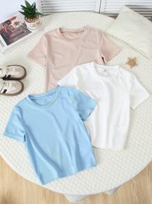 SHEIN 3pcs Young Boy Rib Knit Crew Neck T-Shirts. This T-Shirt Is Simple And Versatile, With Exquisite Craftsmanship And A Distinctive Fabric Texture, Showcasing The Personal Charm Of Young Boys. Suitable For Daily Casual Wear And School, Meeting The Summer Clothing Needs Of 4-7 Year Old Children T Shirts Boys Soft - Multicolor - View 3