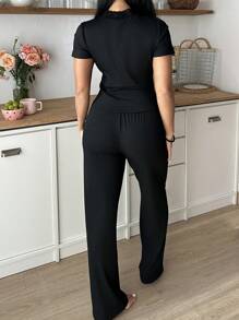 2 件套女士纯色撞色蕾丝短袖上衣和裤子，性感睡衣套装 - 黑色 - 查看 3