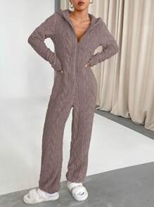 Flirla Women's Solid Color Plush Hooded Long Sleeve Deep V Sexy Jumpsuit (Random Cut)