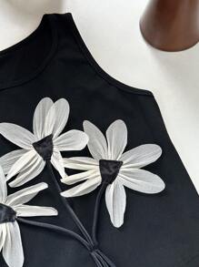 Franclia 女士圆领无袖花卉装饰简约休闲优雅背心 - 黑與白 - 查看 7