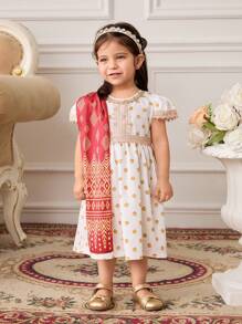 SHEIN 2 Stücke/Set Baby Mädchen Kleinkind 0-3 Jahre elegantes traditionelles Kleid mit goldfarbenen Punkten und Blumenspitzenkragen, Puffärmel + kontrastfarbener Schal Set, geeignet für alle Jahreszeiten