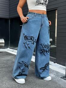 SHEIN EZwear Plus Size Women's Letter Print Pocket Wide Leg Jeans