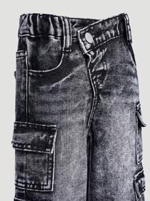 SHEIN Playful Pals 女宝宝新款重度水洗不对称腰带多口袋设计宽松休闲直筒工装牛仔裤 - 深灰色 - 查看 3