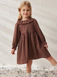 Blossori Robe à col volant ample et élégant à carreaux tissée, pour jeune fille. Automne & Hiver - Tabac - Voir 7