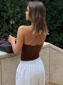 Livesso Women's Beaded Halter Neck Backless Elastic Casual Summer Cami Tops - Brown - View 2