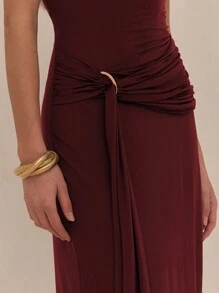 MUSERA Draped Front Ruched Maxi Dress Elegant Cute Graduation Wedding Guest Birthday Prom Ibiza Holiday Night Out Wedding Guest Elegant Date Night Halloween Fall Winter Party Chic - Burgundy - View 4