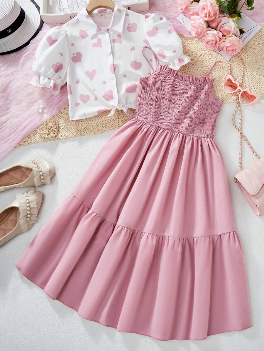 2pcs/Set Tween Girl Polka Dot Print Adjustable Strap Dress - Pink - View 1