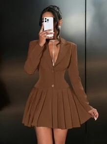 Slaydiva Women Solid Color Front Button Long Sleeve Minimalist Pleated Mini Shirt Dress - Brown - View 9