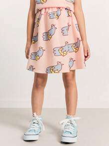 SHEIN Young Girls Winter Cute Bird Printed Elastic Waist A-Line Knit Skirt, Pink - Pink - View 5