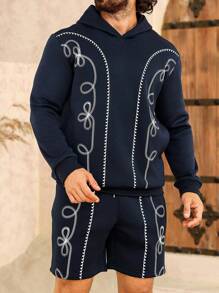 Manfinity Homme Men's Rodeo Outfit Pattern Long Sleeve Hoodie And Shorts Casual Sweatsuit Set, Autumn/Winter - Black - View 4